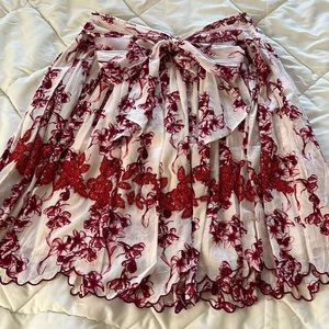 Vintage floral printed embellished beading cotton  red fully lined skirt Small